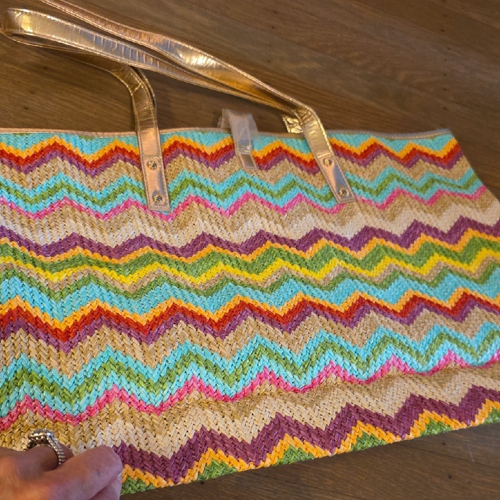 Lilly Pulitzer Multicolor Spring Fling Straw Chevron Tote. NEW - Picture 9 of 11